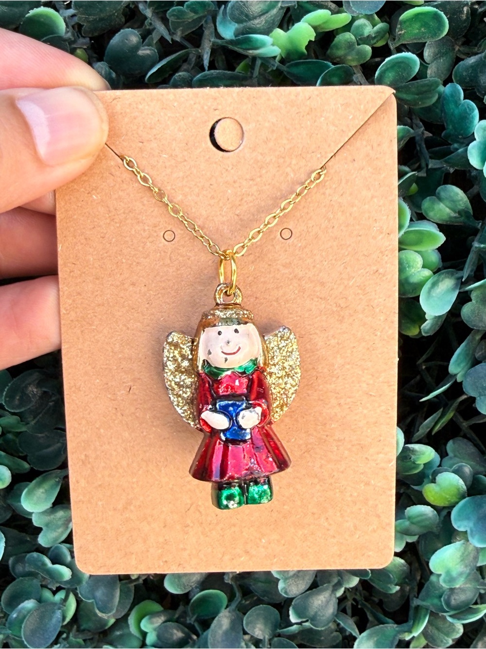 Hand Crafted Red & Green Angel Pendant Necklace with Gold Wings